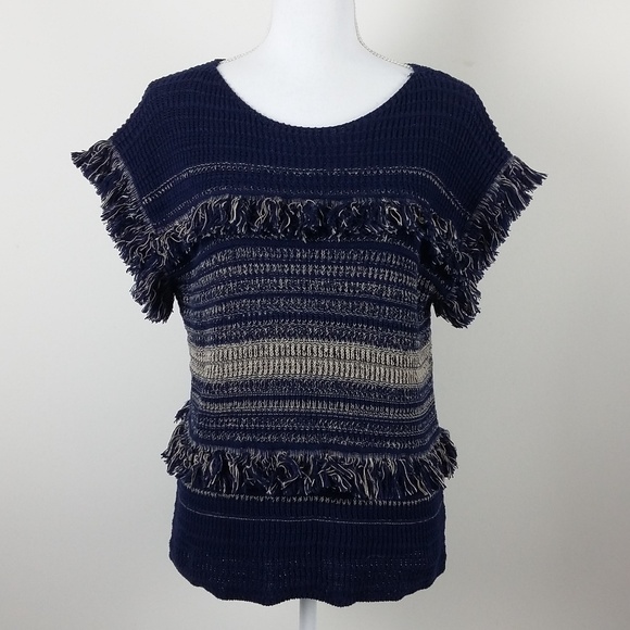 Dana Buchman Navy Stripe Cap Sleeve Fringe Sweater - Picture 2 of 6